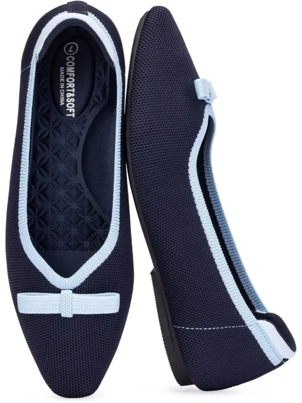 Frank Mully Women's Navy Blue Rubber Knit Squared Toe Bow Slip On Ballet Flats